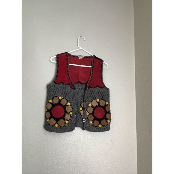 Vintage Harpees Calf Leather Crochet Button Front Vest Groovy 60s 70s Hippie M - Picture 1 of 4